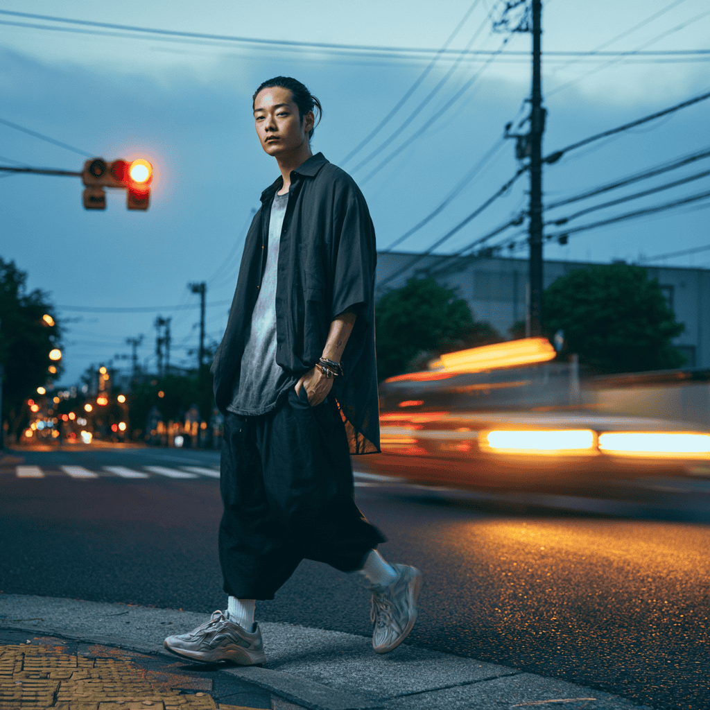 Subject crossing a Tokyo street mid-stride as pedestrians blur past under neon
