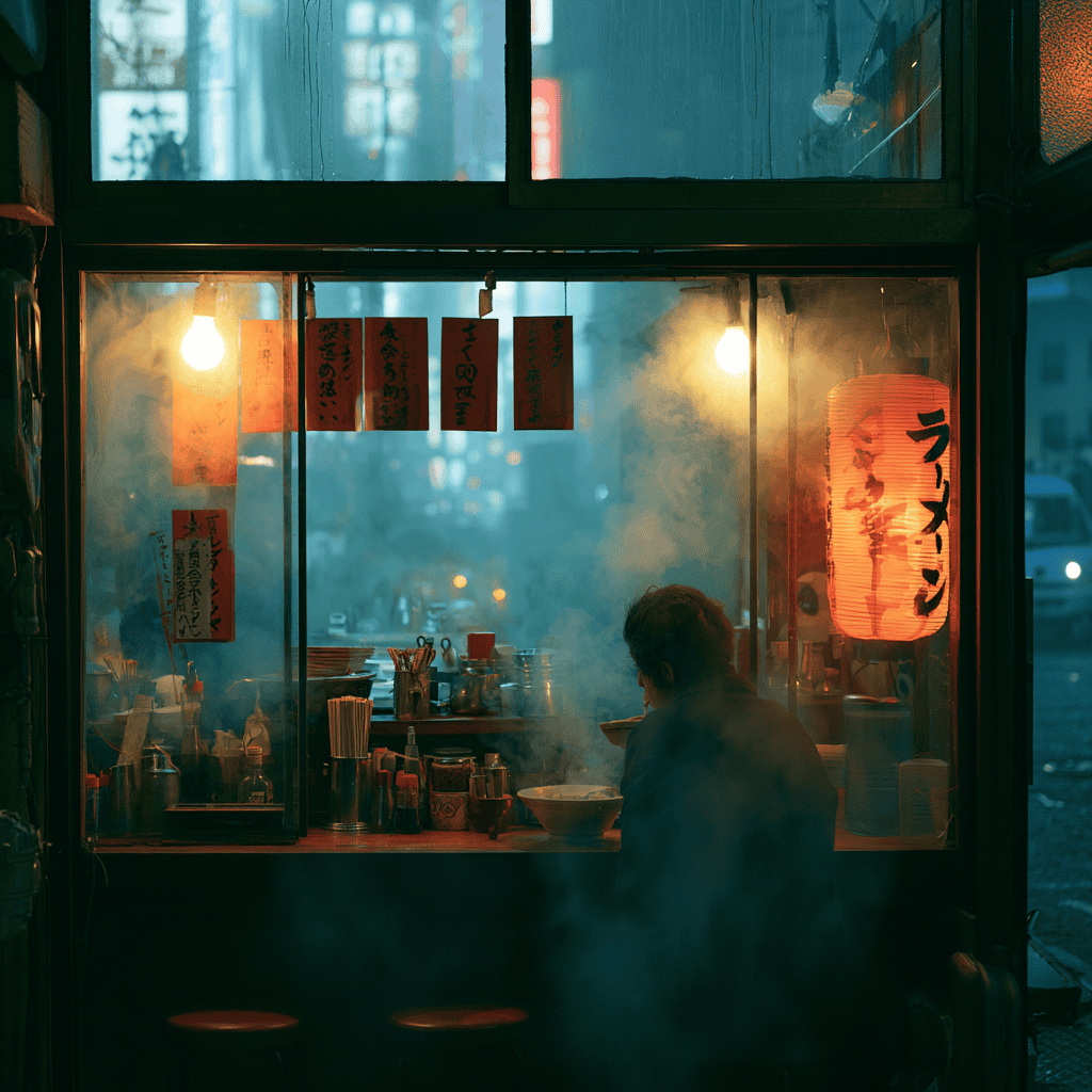 Wind-down scene at a glowing ramen counter after a night photoshoot