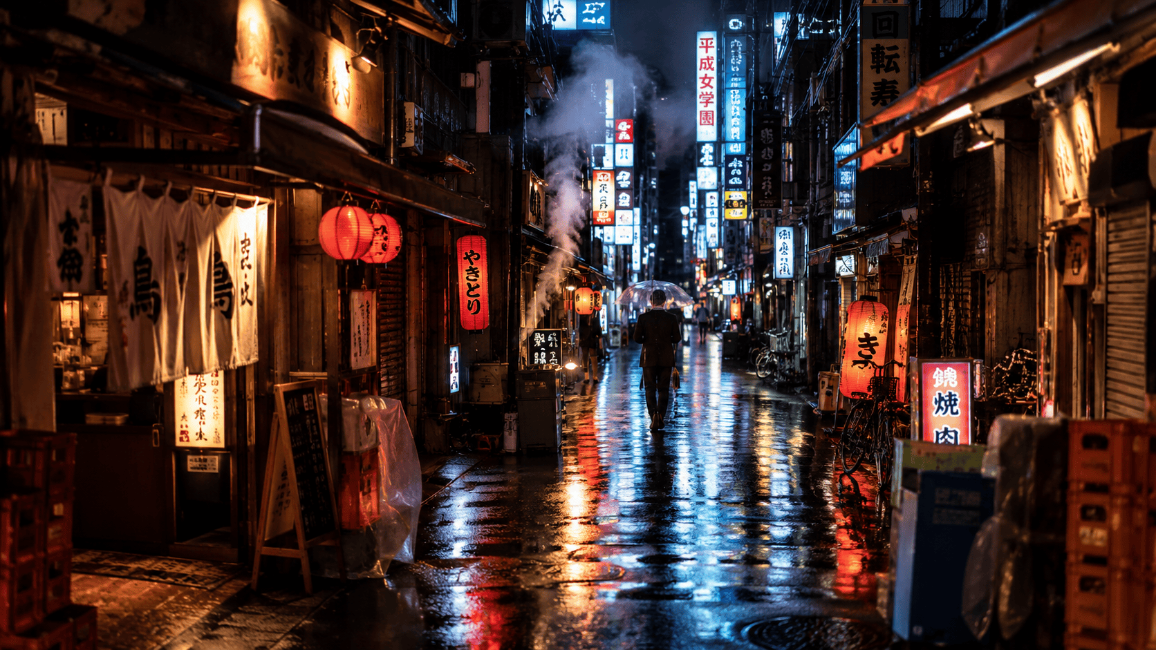 Rain-slick neon alley in Shinjuku at night, the look Tokyo Drift made famous