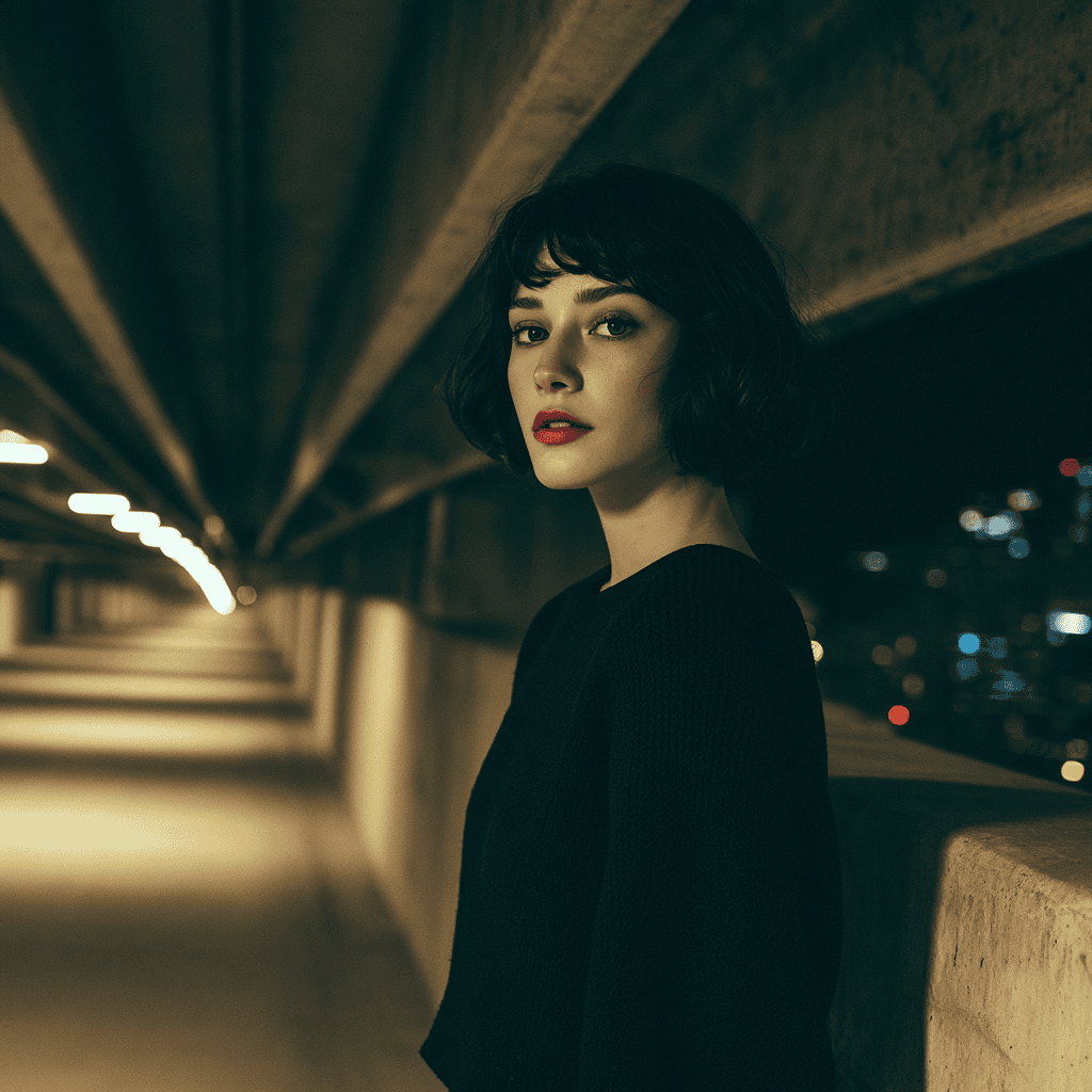 Portrait in a permitted parking structure at night in Tokyo