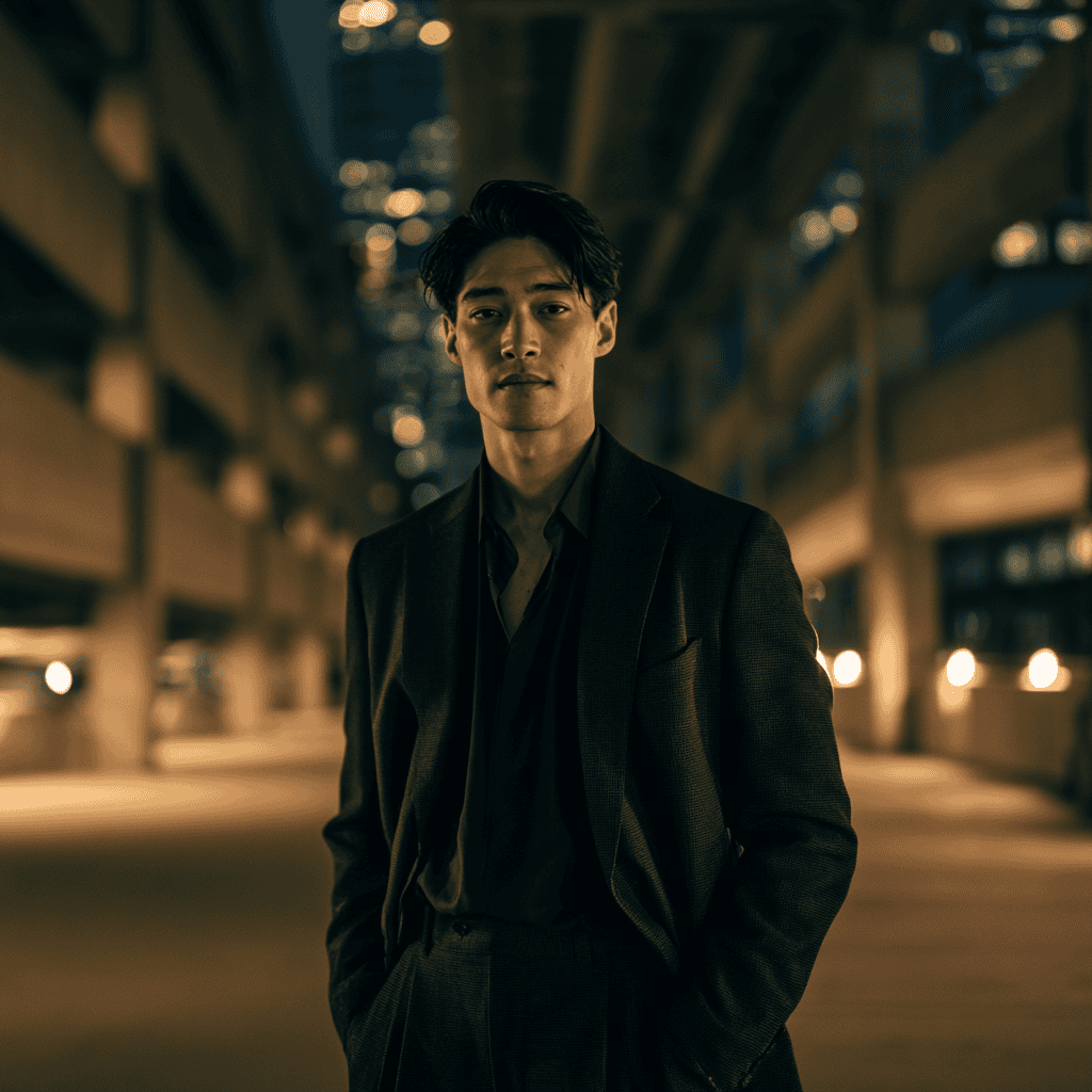 Portrait in a Tokyo multi-storey car park lit by overhead tubes at night