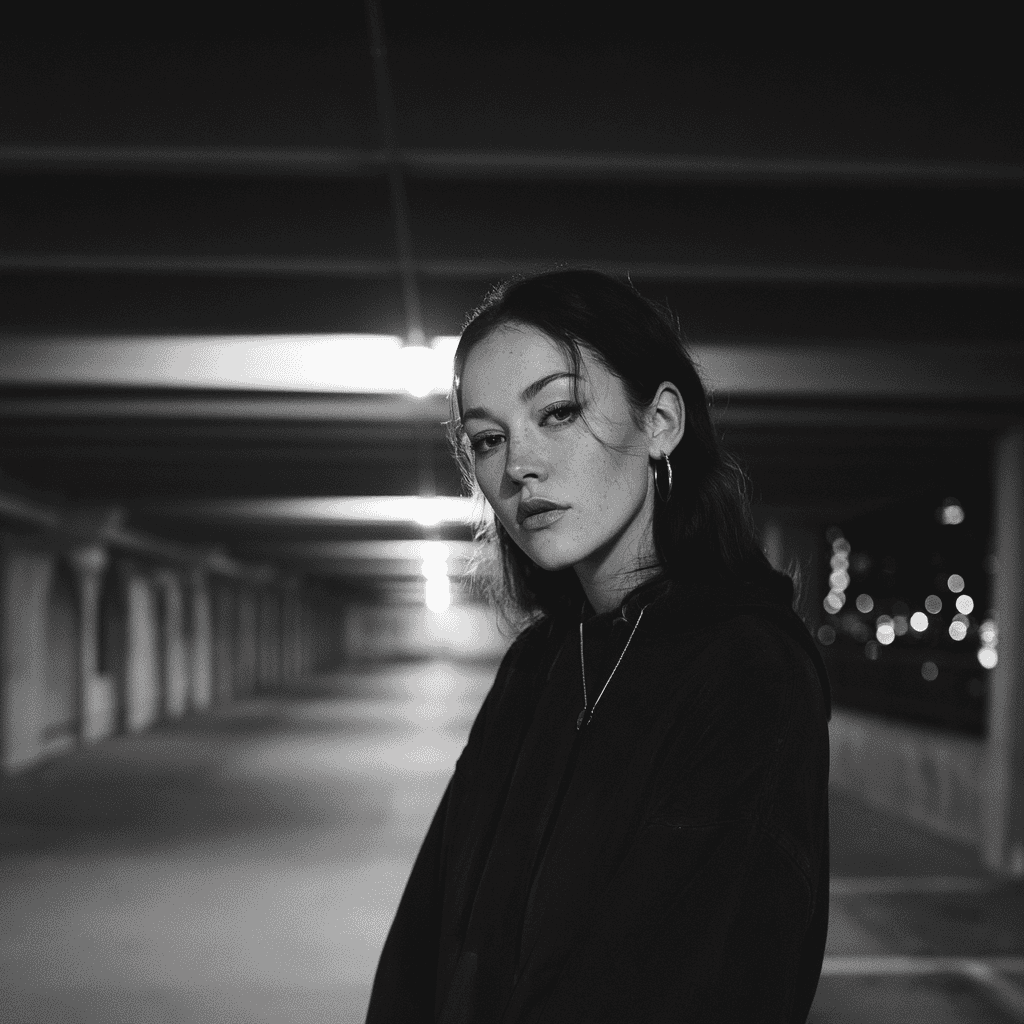 Figure against bare concrete on a parking ramp under hard overhead light
