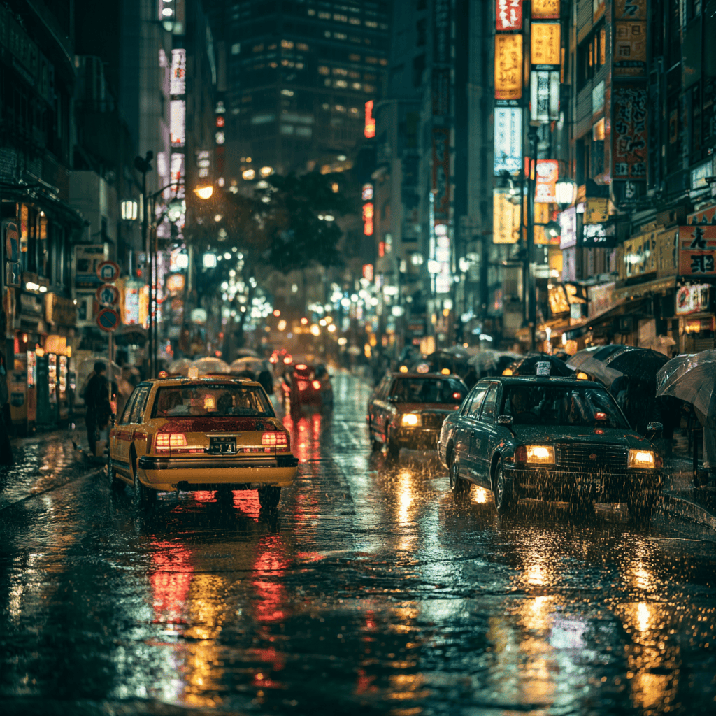 Neon reflections on a rain-slick Tokyo street after a shower
