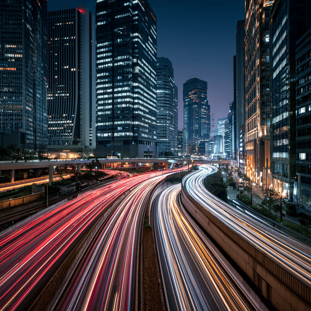 Long-exposure light trails on an elevated Tokyo highway at night