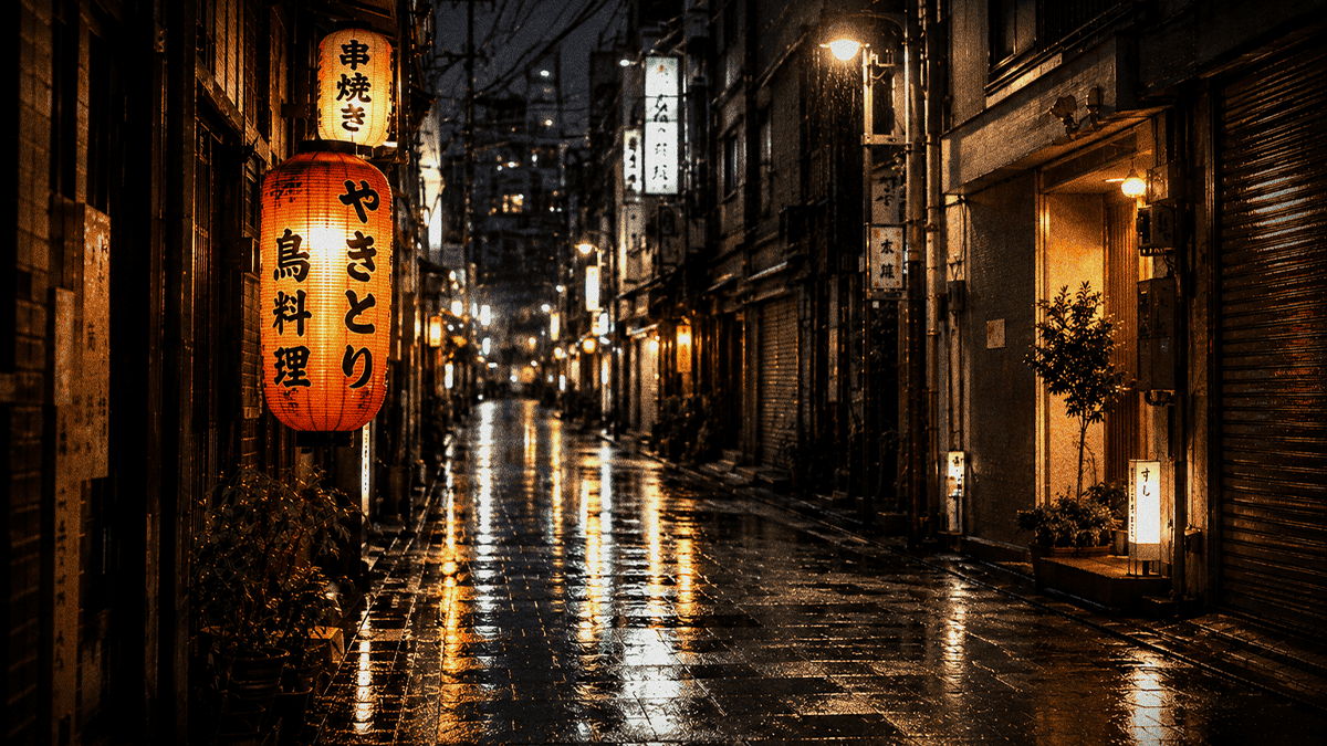 A rain-wet Japanese street at night lit by paper lanterns and shop signs in kanji
