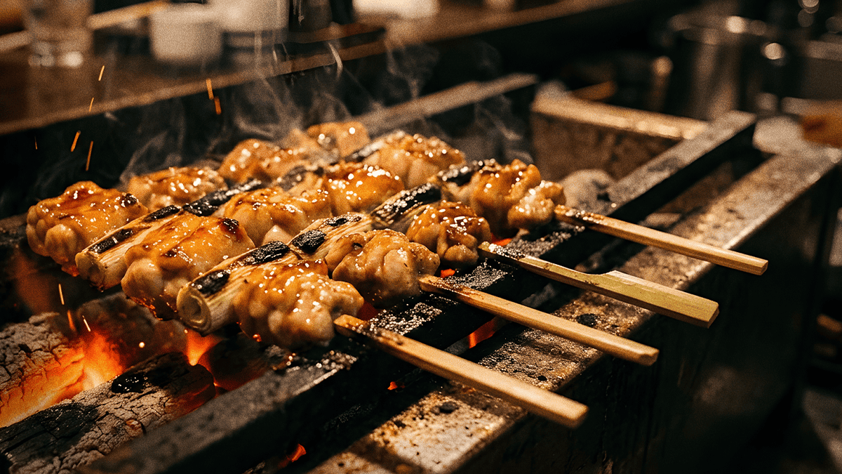 Negima yakitori skewers of chicken and scallion grilling over binchotan charcoal