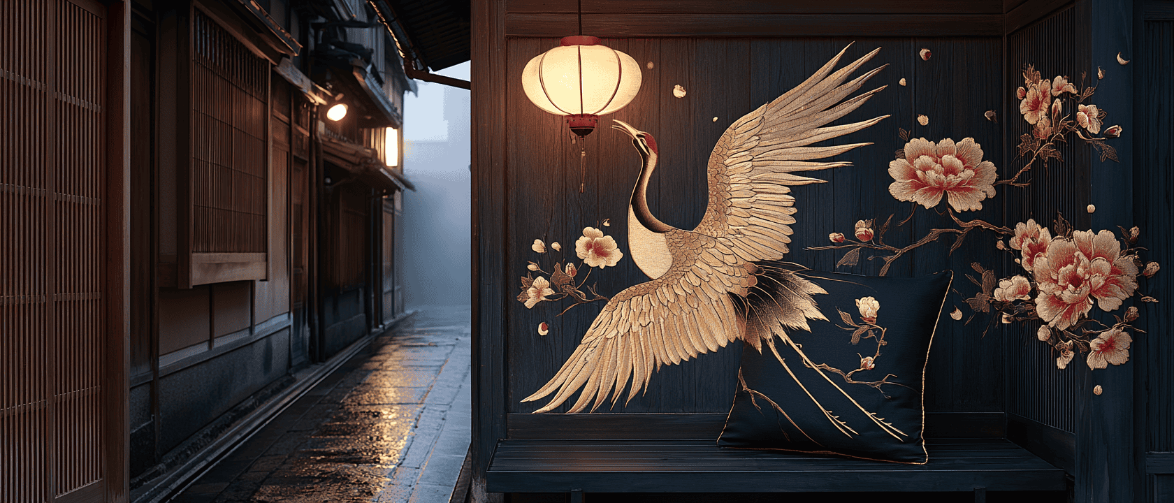 About Magnificent Japan — a Kyoto machiya lane at first light, a gold crane cushion resting on a timber bench