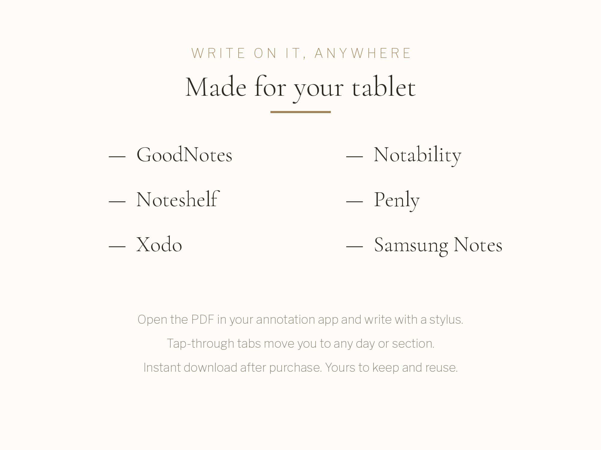 The annotation apps the En journal is made for — GoodNotes, Notability, Noteshelf, Penly, Xodo, Samsung Notes