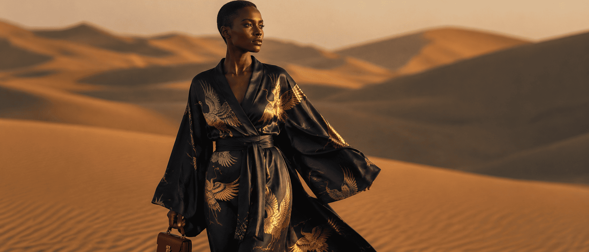 Model crossing golden dunes in a navy silk robe covered in luminous gold cranes, carrying a crimson handbag