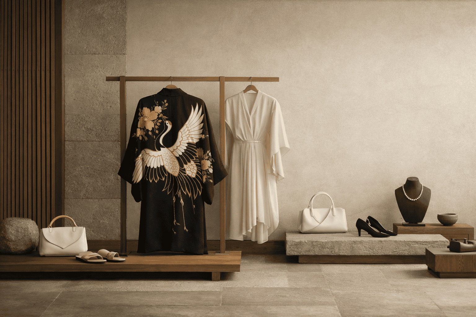 Ivory silk kaftan hanging in the atelier