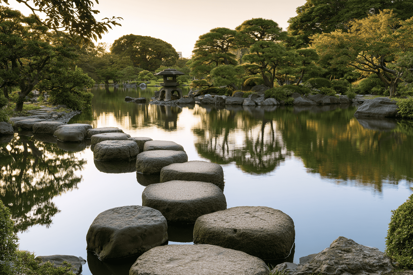 Flat stepping stones crossing a still garden pond beneath clipped pines