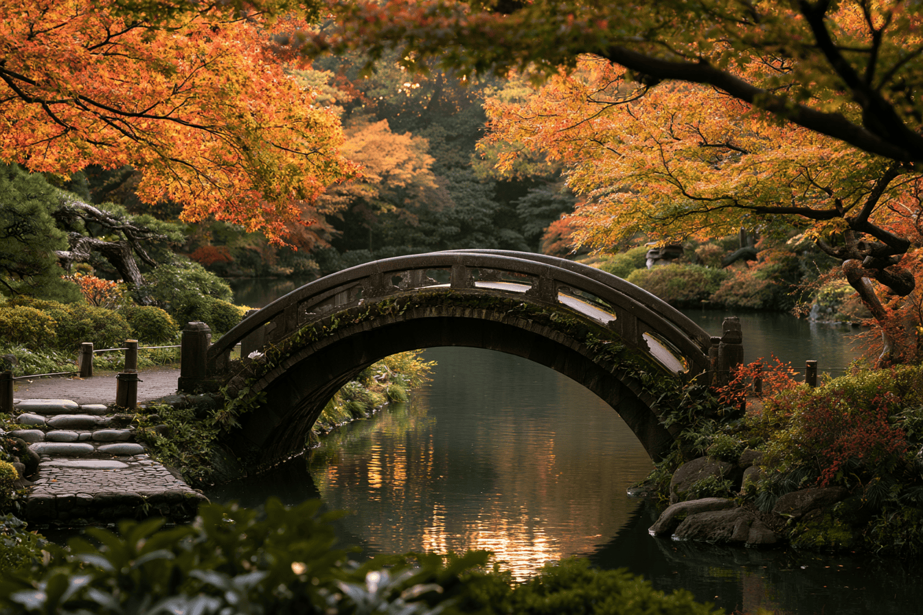 Small stone bridge over a narrow garden stream beneath reddening maples