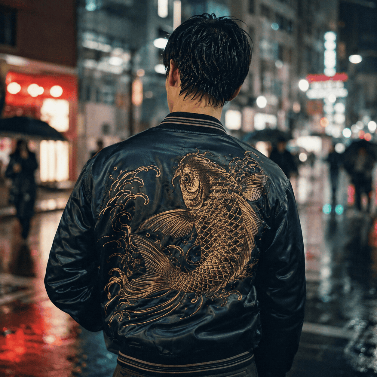 Man from behind in a navy satin bomber with a gold koi back panel on a rain-lit Tokyo street