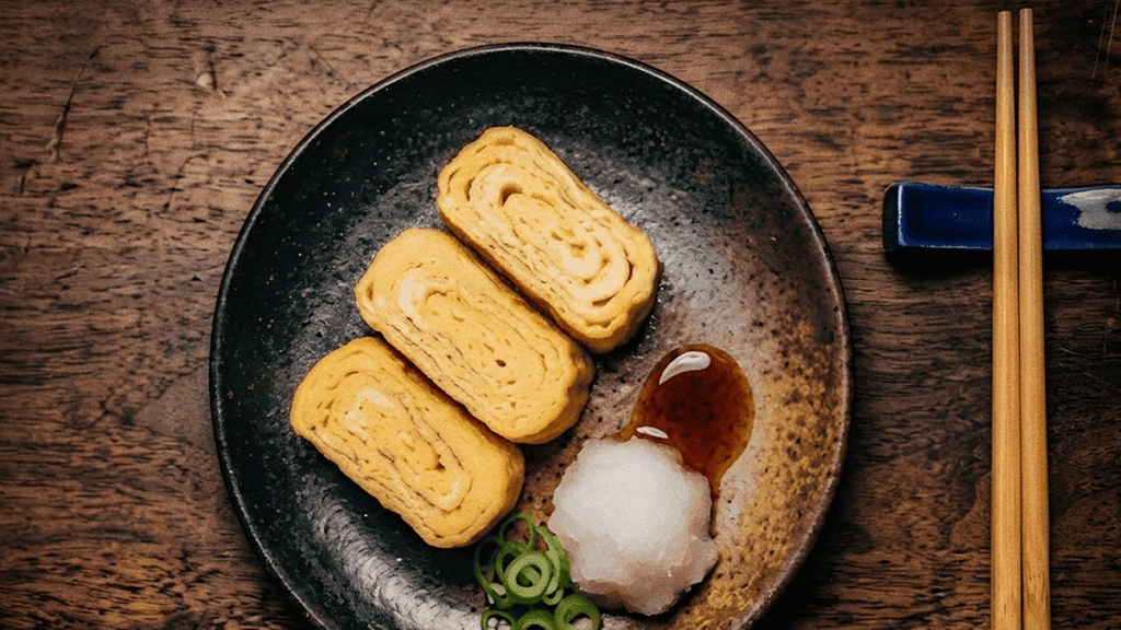 Sliced Japanese rolled omelette served with grated daikon and soy sauce on a black plate