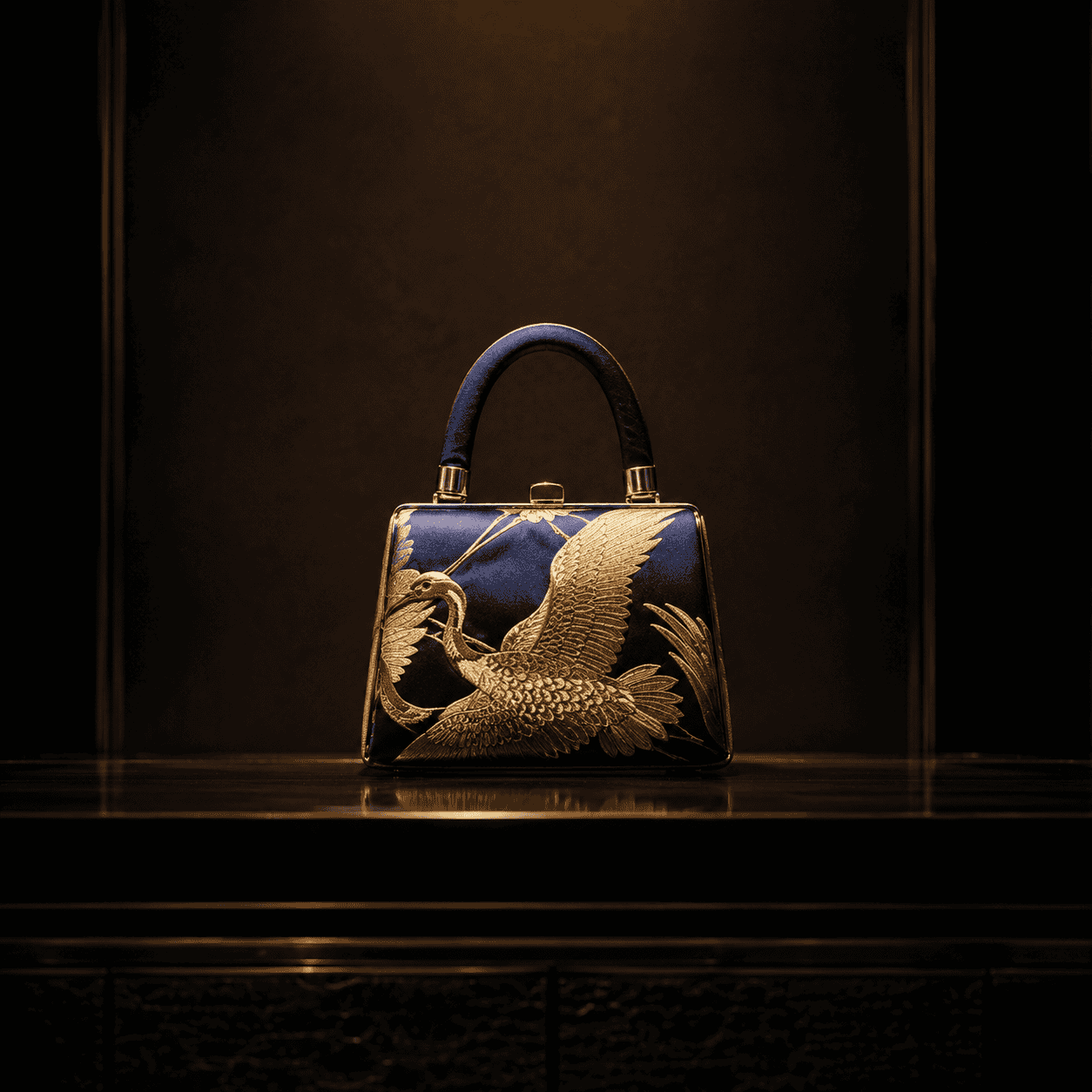 The Navy Crane bag under a single warm spotlight
