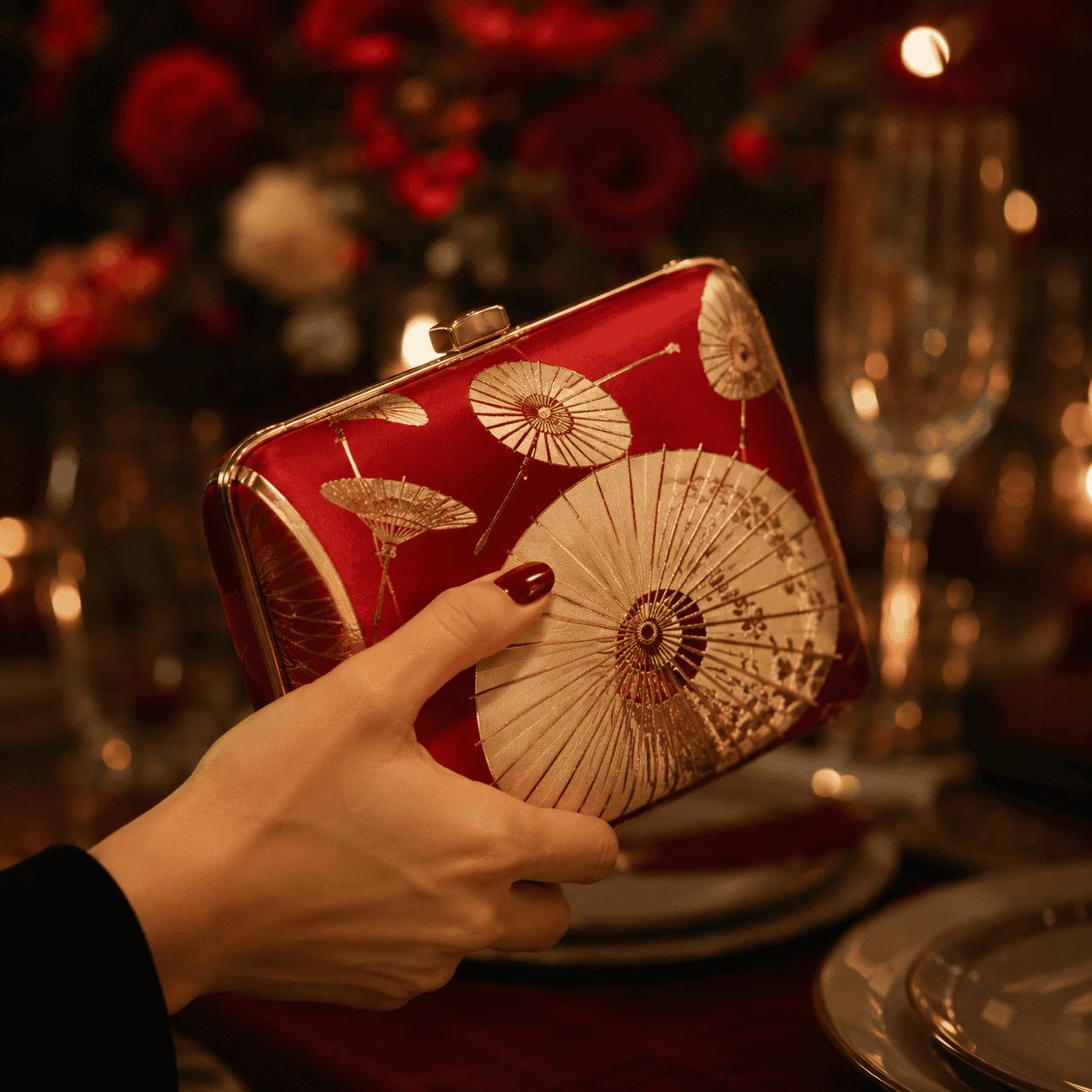 Crimson silk clutch with gold parasols