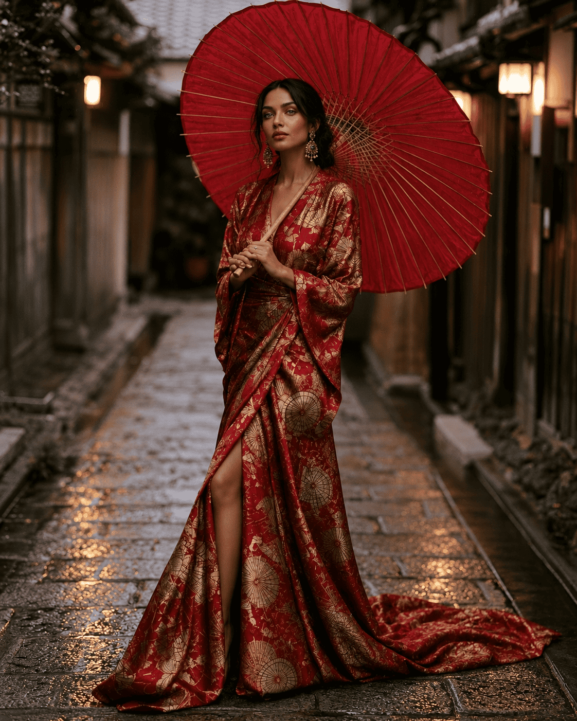 Model in a crimson and gold brocade gown holding a red wagasa in a rain-lit Kyoto lane