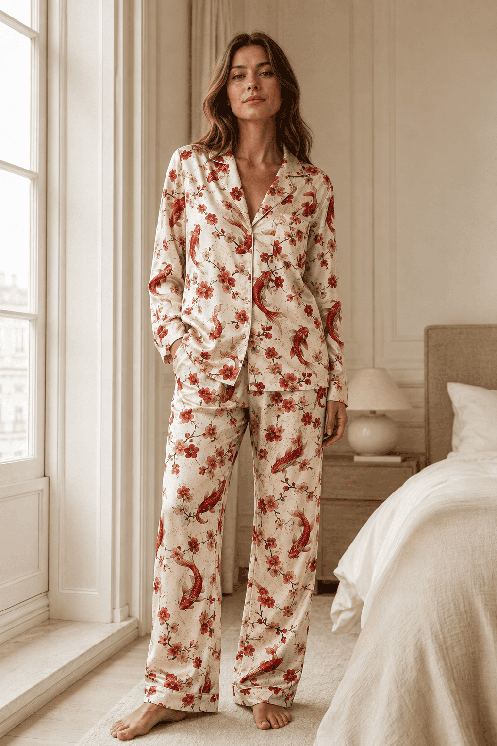 Silk pajama set in cream with red koi and cherry blossom pattern, worn in a warm ivory bedroom