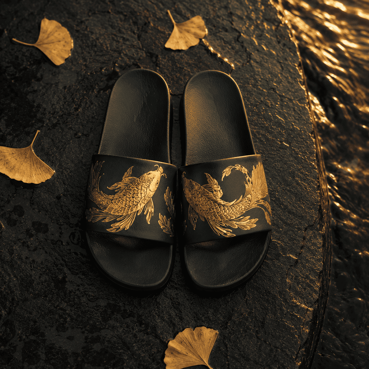 Leather sliders with gold koi