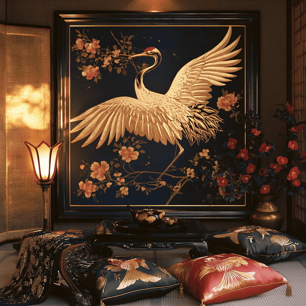 Tokonoma alcove with a gold crane painting, gilded screen, lacquered table and silk floor pillows