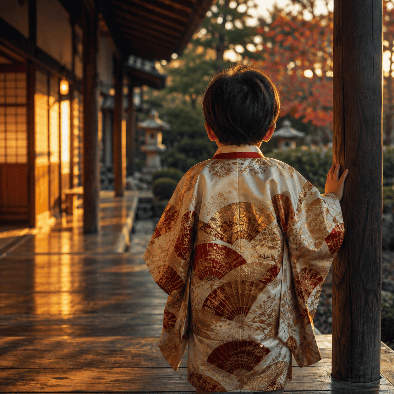 Child in an ivory and gold fan-pattern kimono standing on a temple veranda at golden hour
