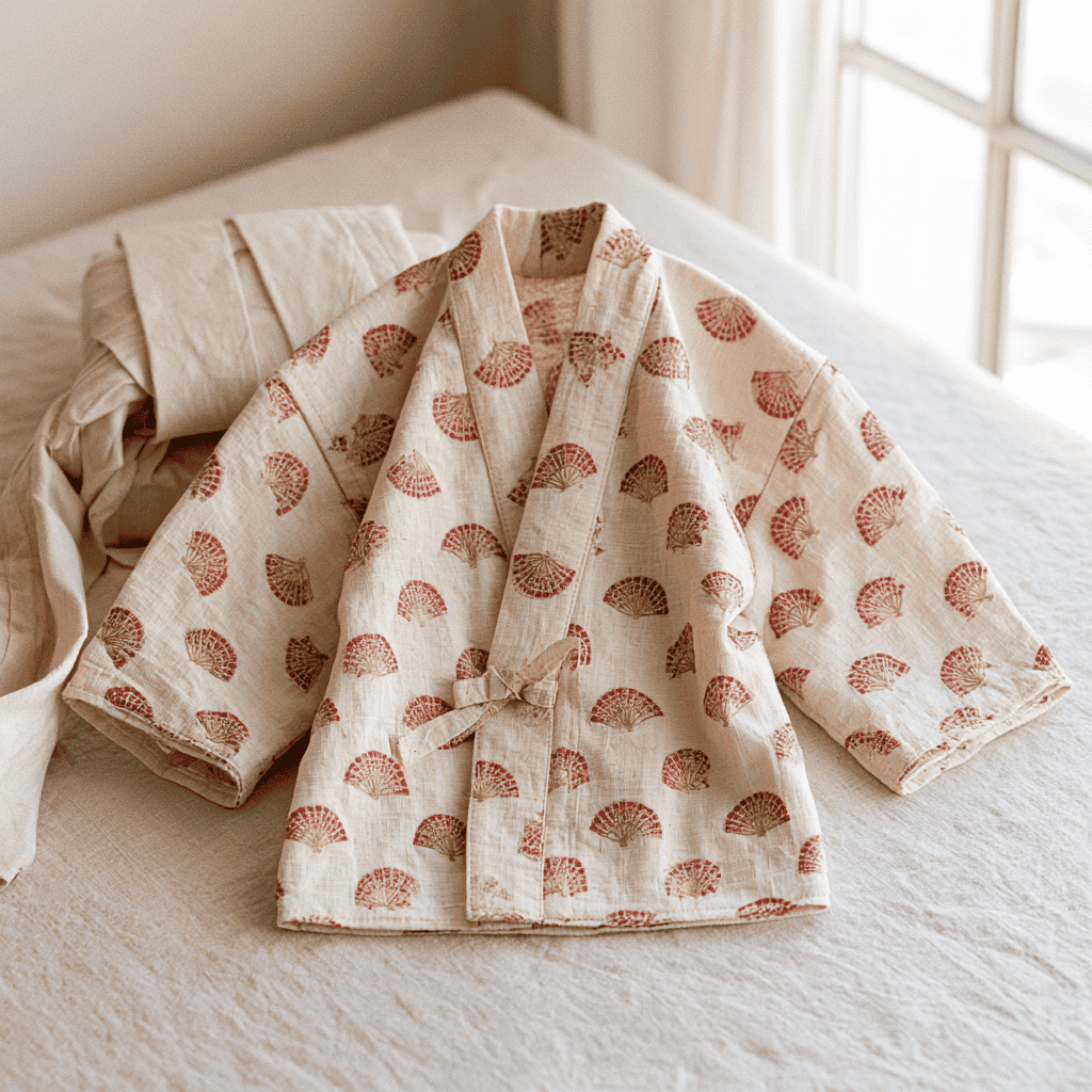 A cotton kimono with a red fan pattern laid on a bed near a window