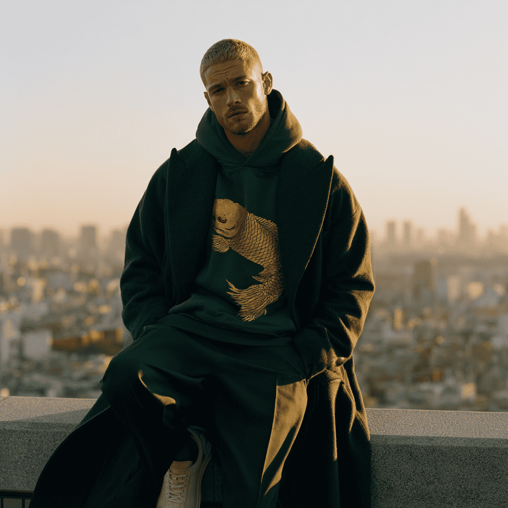 Man in a deep green hoodie with a gold koi across the chest, above the Tokyo skyline at golden hour