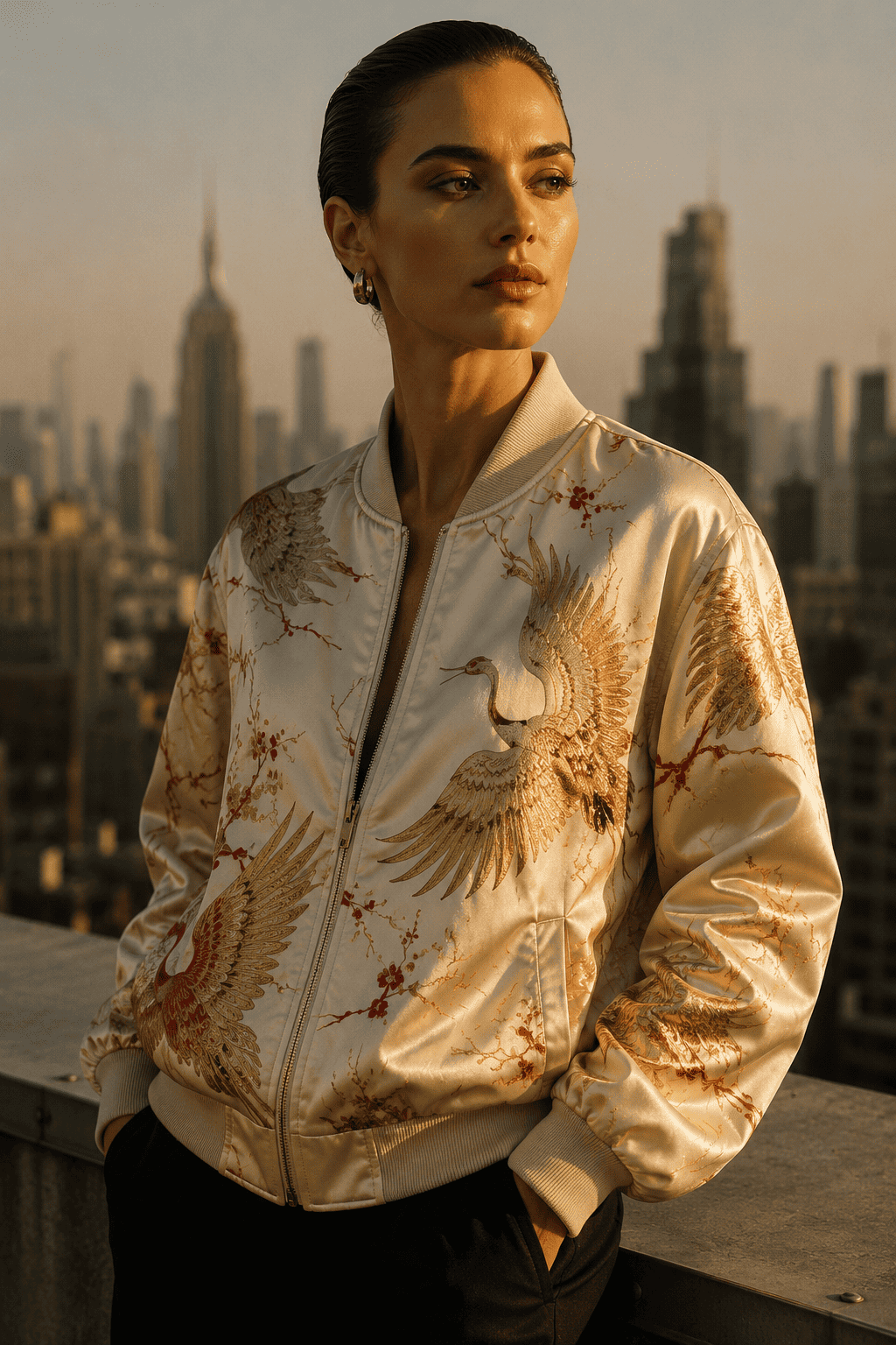 A woman in a satin bomber jacket against a city skyline at sunset, luxury anime fashion in the women's register