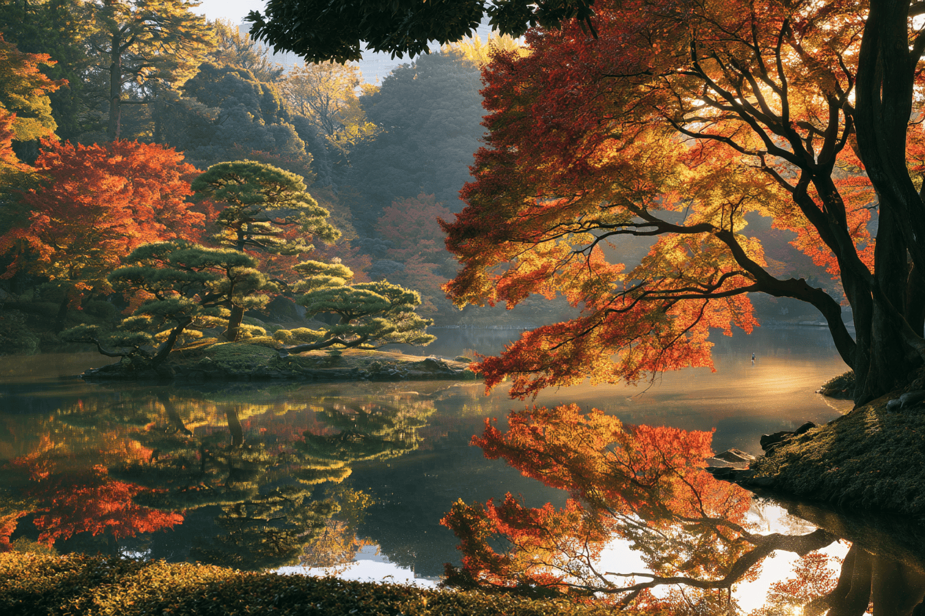 A Japanese garden pond in autumn, with red and gold maples reflected in still water