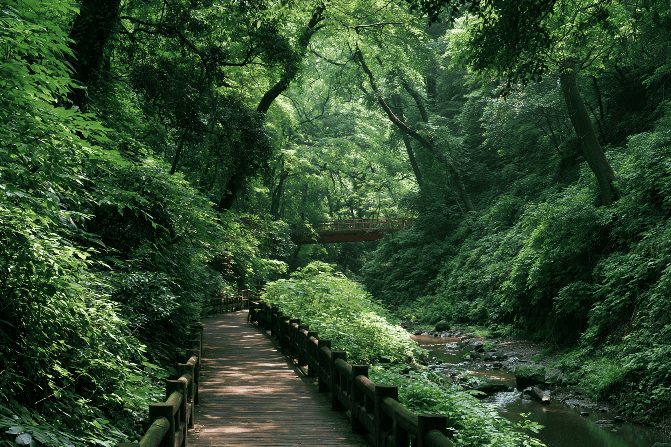Red-railed footbridge crossing a wooded ravine above a shallow stream