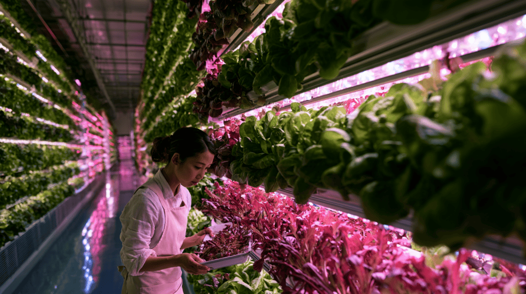 A young woman checks leafy greens in a modern indoor farm lit with pink grow lights