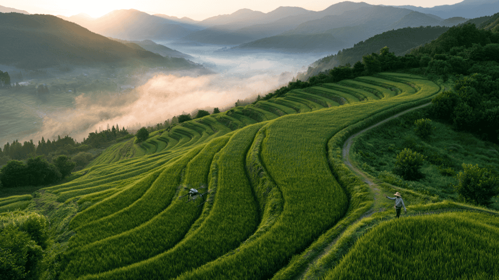 Green rice terraces curving down a hillside with misty mountains behind