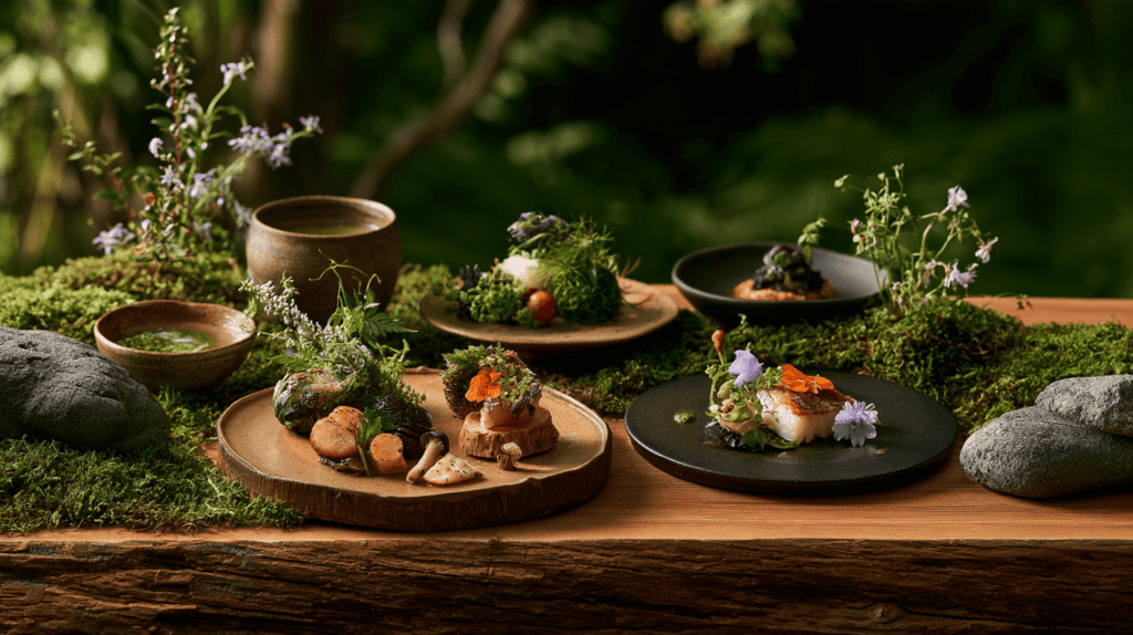 Kaiseki dishes arranged on stone and moss with flowers and small bowls on a wooden table