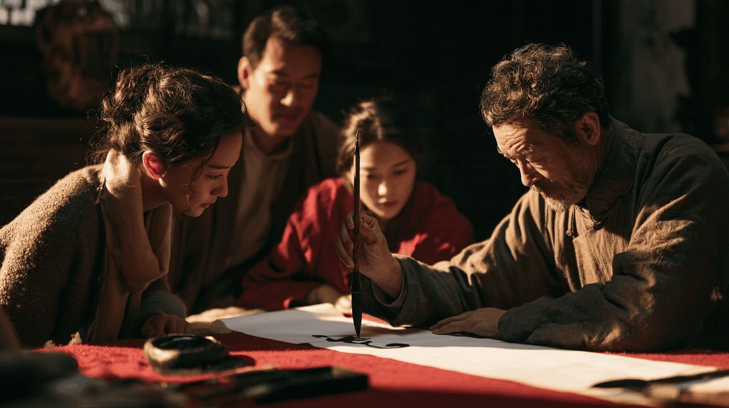 An older man teaching a family to brush kanji at a table, learning Japanese words for love by hand