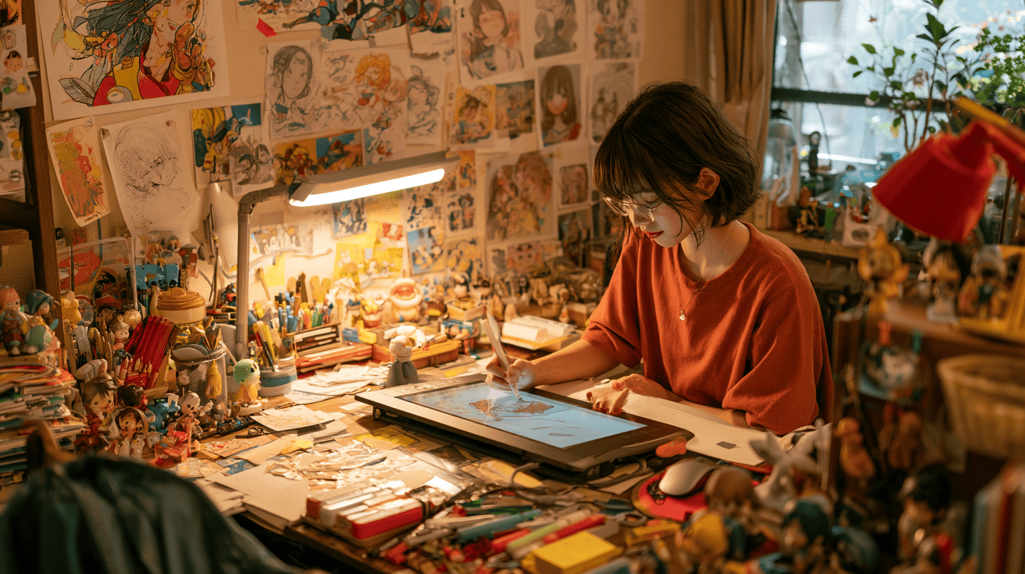 An illustrator at a cluttered desk sketching characters on a drawing tablet, surrounded by sketches and figures