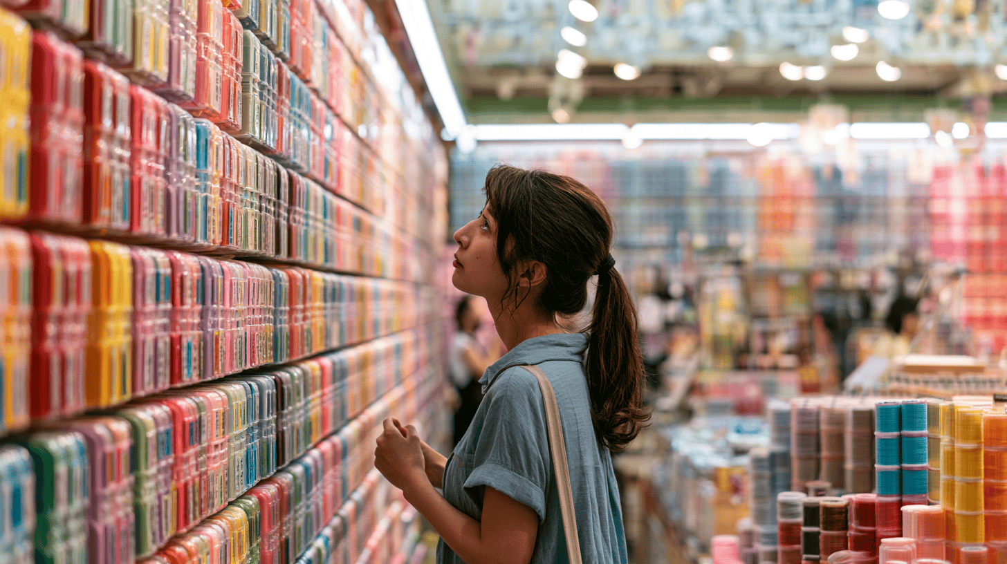 Young woman browsing shelves of colorful books in a Japanese bookstore
