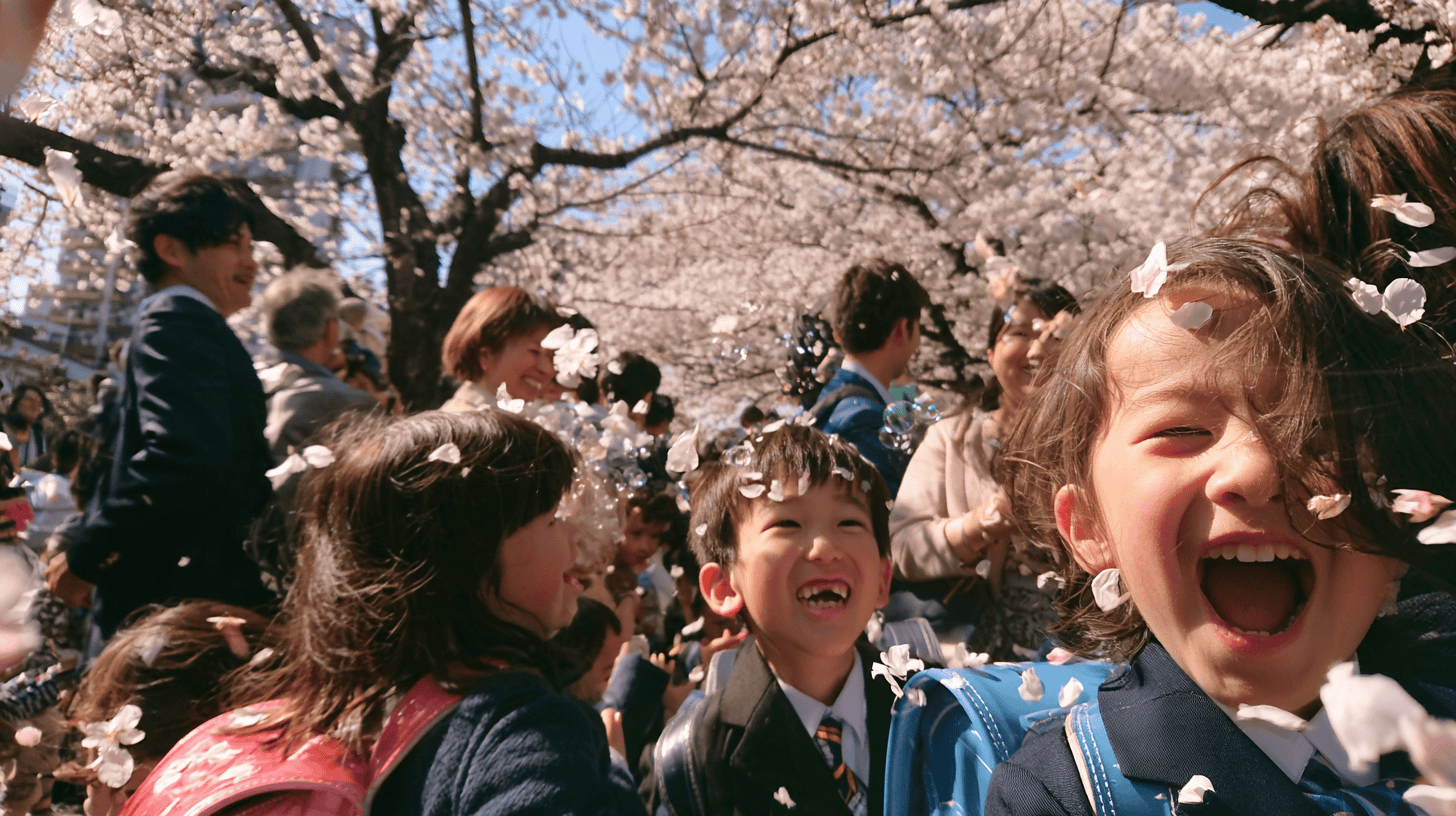 Laughing schoolchildren with backpacks under cherry blossoms on a spring day in Japan