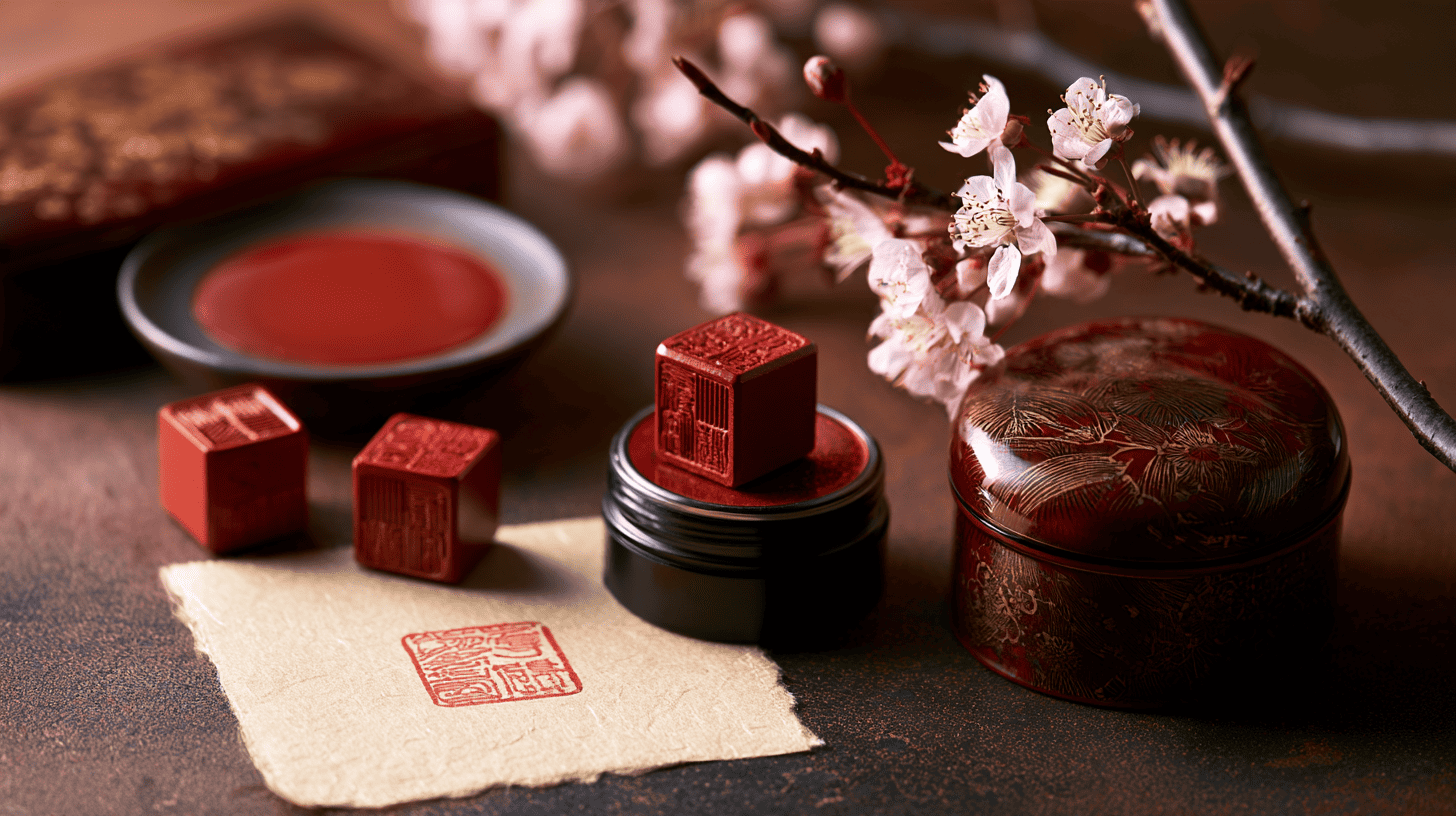 Red seal stamps, a vermilion ink pad and a cherry blossom branch on a dark lacquered table