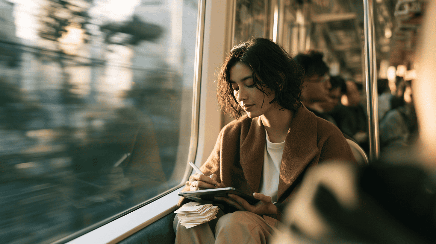 Young woman reading a book on a train in Japan during sunset.