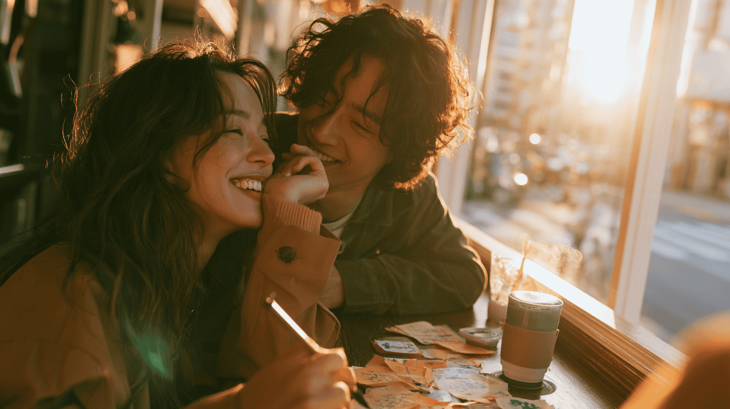 Two friends laughing over coffee, from the guide to the kanji flashcard method