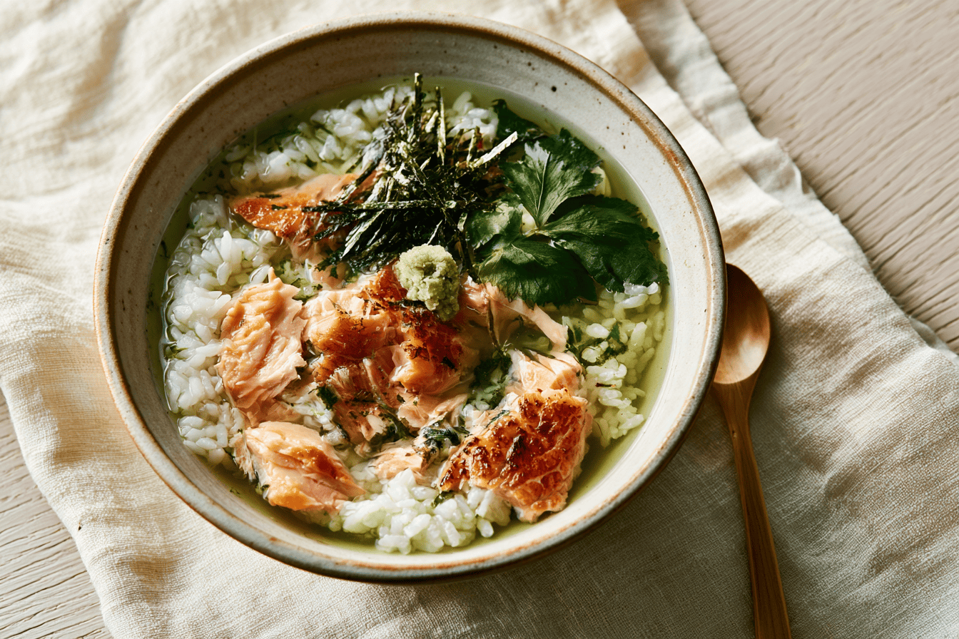 Ochazuke recipe: green tea poured over rice with flaked salmon, nori and sesame