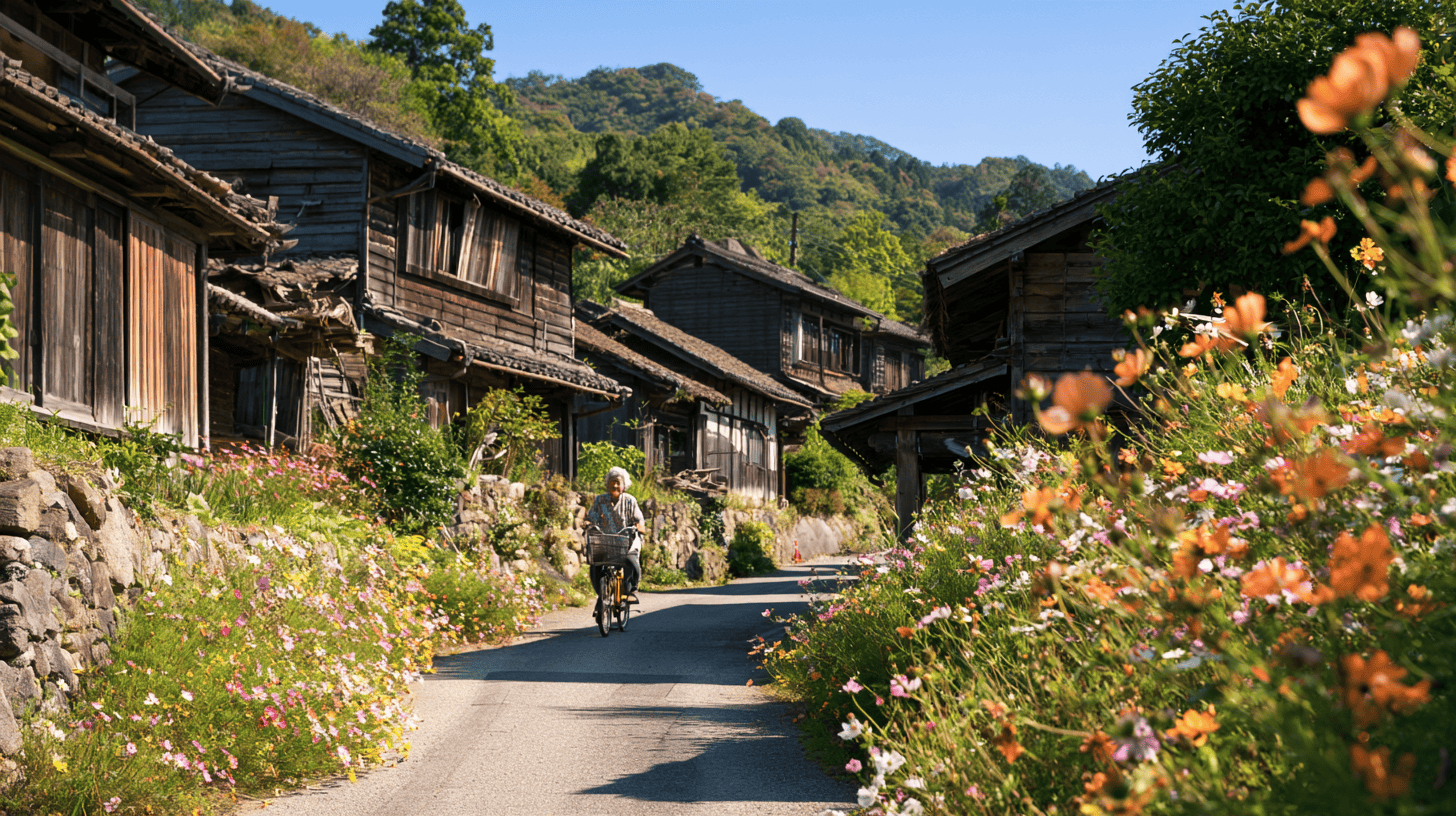 Scenic view of a Japanese village with wooden houses and colorful flowers.