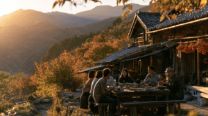Group of people dining outdoors in a mountain village during sunset in Japan.