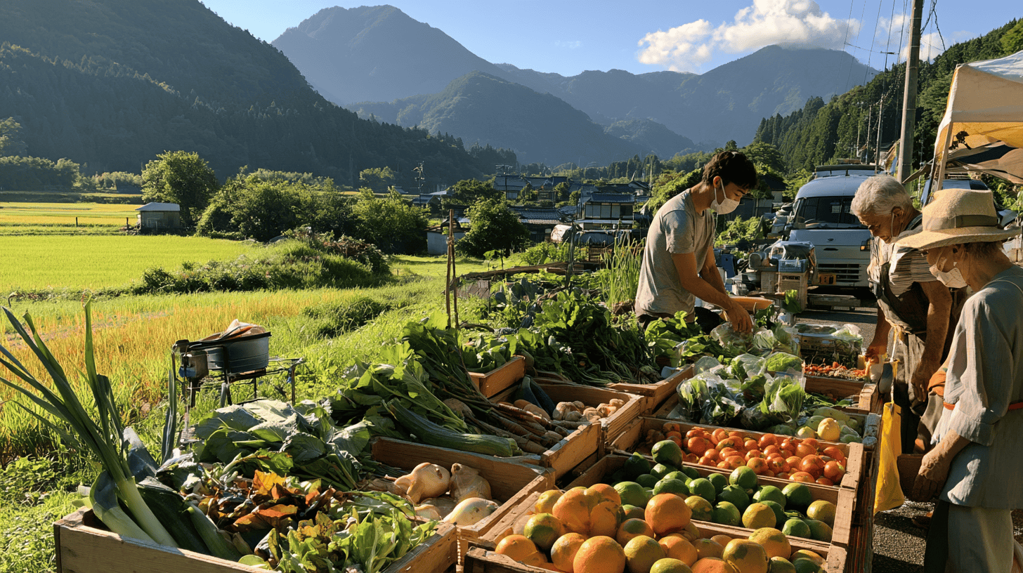 Local farmers sell fresh vegetables at a rural Japanese market with mountain views.