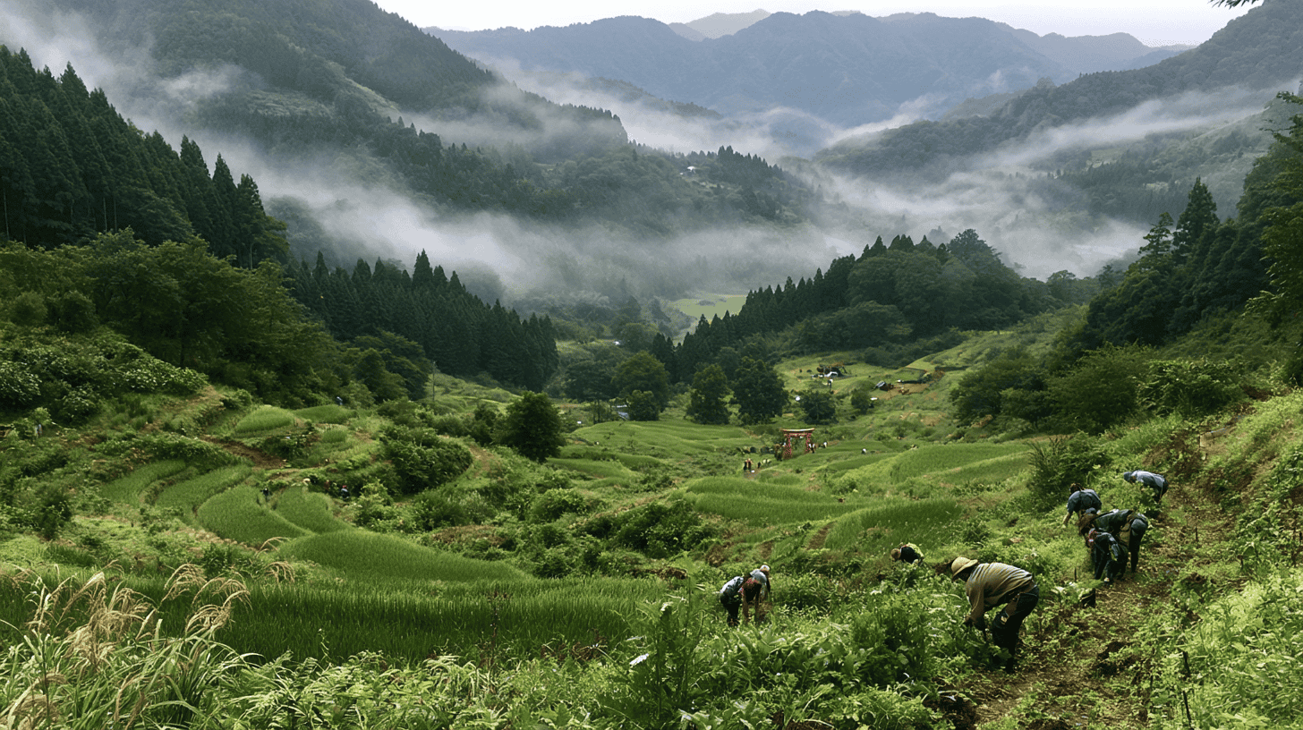Lush green mountains and farmers working in rice paddies in Japan.