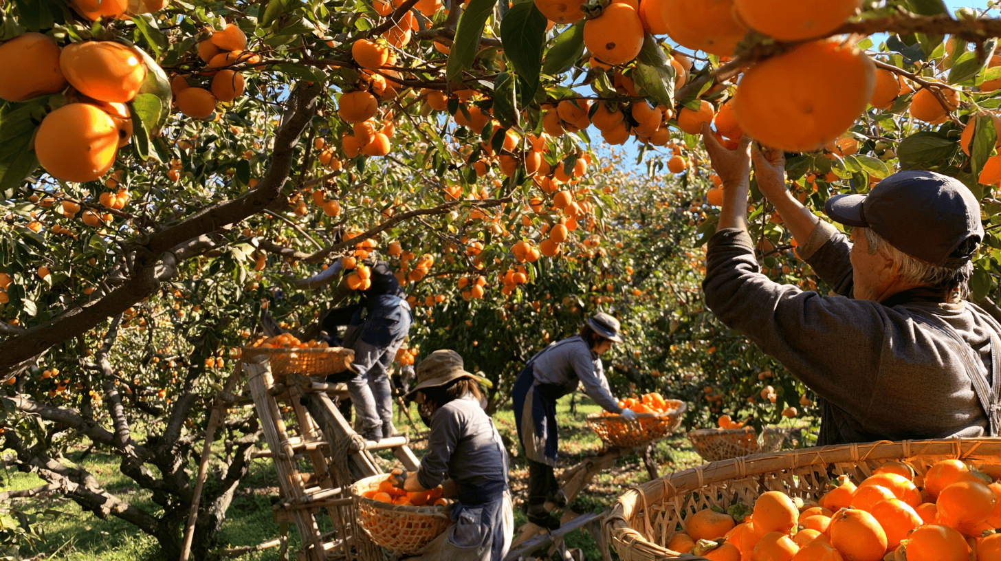 Workers harvest ripe oranges in a lush Japanese orchard during sunny weather.