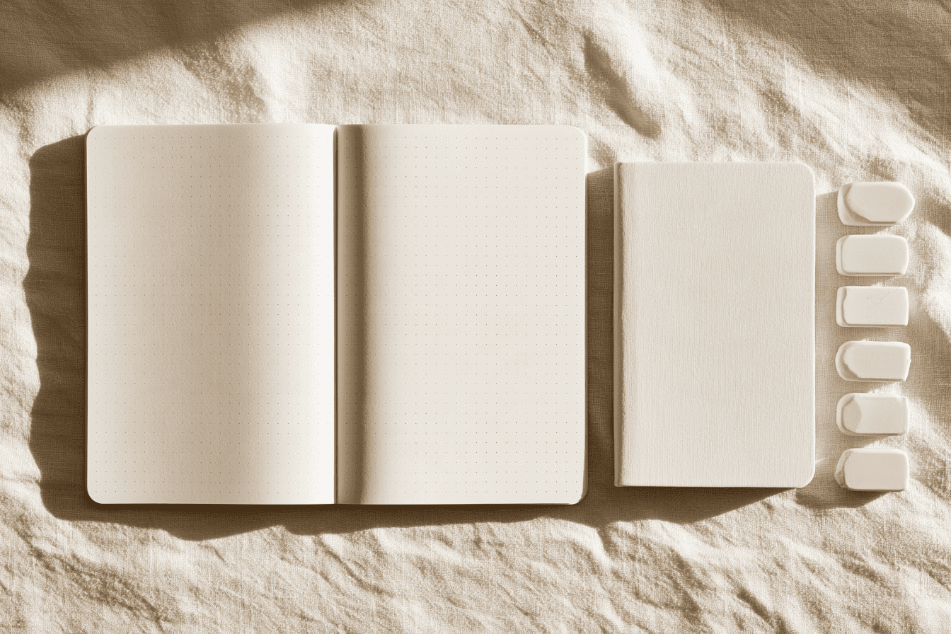 Open dot-ruled notebook, a closed A5 notebook and a row of white erasers