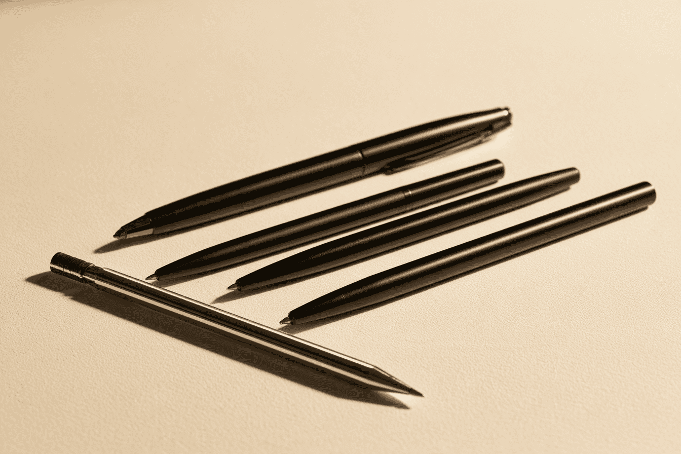 Fine-tip black pens and a mechanical pencil laid on cream paper