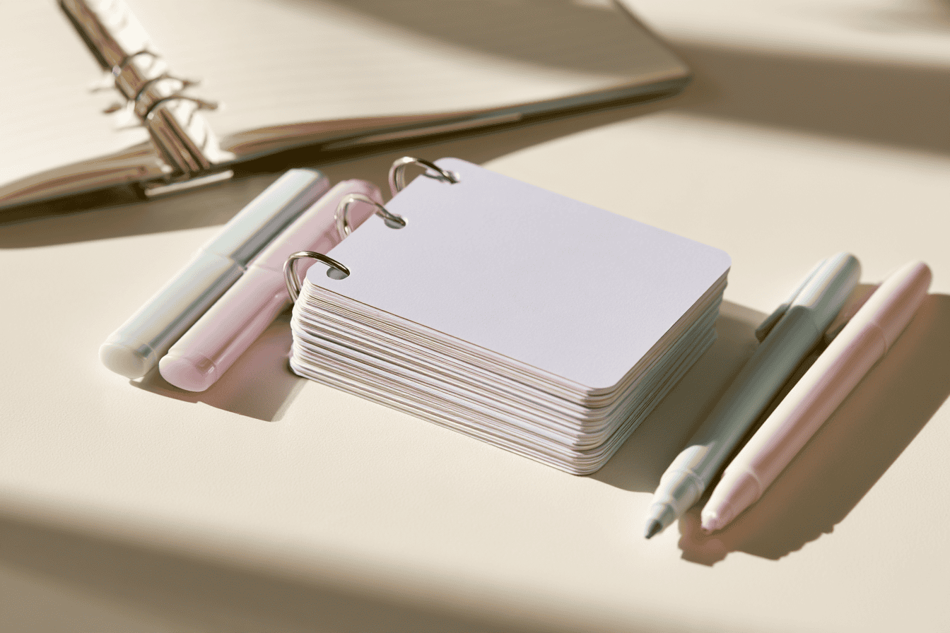 Blank study flash cards on a binder ring with pastel highlighters