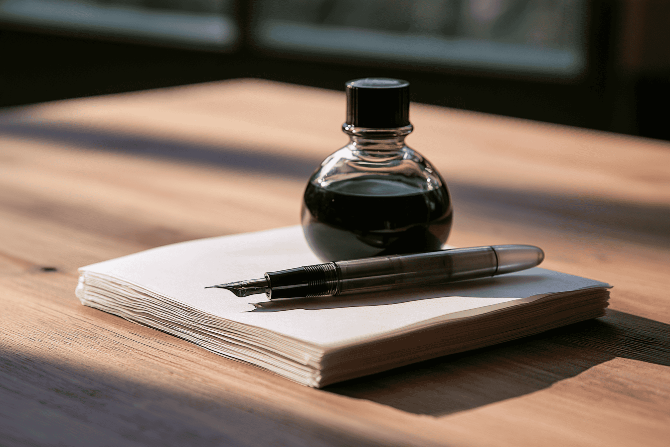 Fountain pen, black ink bottle and hanshi practice paper on a wood desk